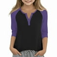 thumbnail image 1 of Cowsor Girl's Casual 3/4 Sleeve T Shirts Button V Neck Tunic Blouses Color Block Basic Tee Tops Loose Fit Summer Shirt, 1 of 6