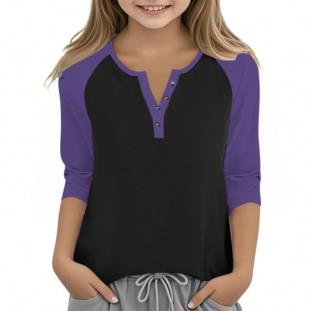 Cowsor Girl's Casual 3/4 Sleeve T Shirts Button V Neck Tunic Blouses Color Block Basic Tee Tops Loose Fit Summer Shirt