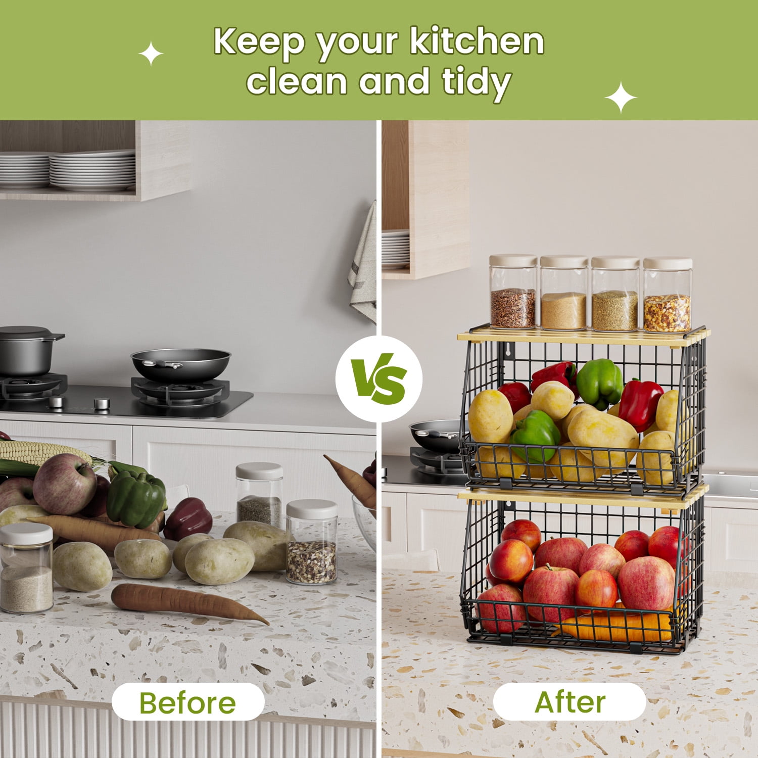 TINANA Stackable Fruit Baskets with Lid, 3 Pack Hanging Wire Fruit Basket for Kitchen Counter, Pantry Organizer for Fruits, Potatoes, Onions, Black