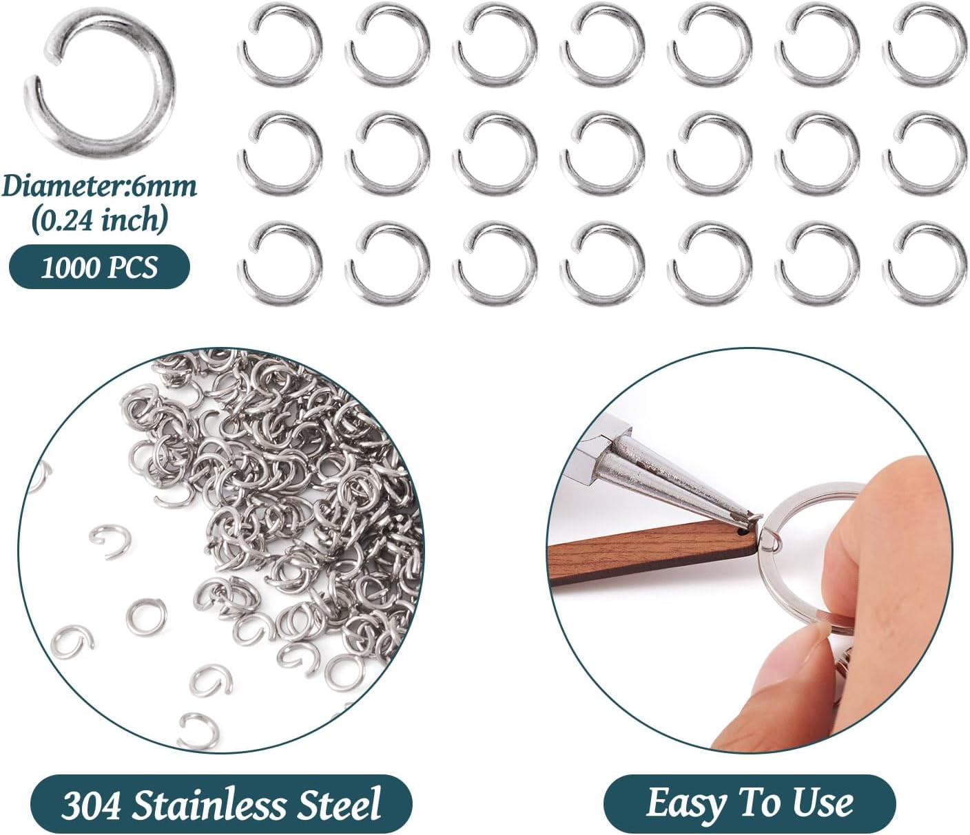 1000Pcs Stainless Steel Open Jump Rings 6mm Tiny Round 1mm Thick Connector Rings For Jewelry Making