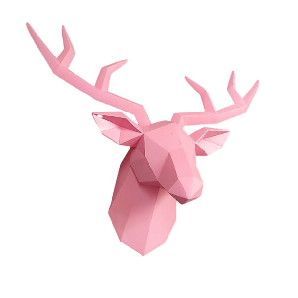 Escultura de figura de animal colgante geométrica con cabeza de ciervo en 3D para colgar en la pared. Rosado