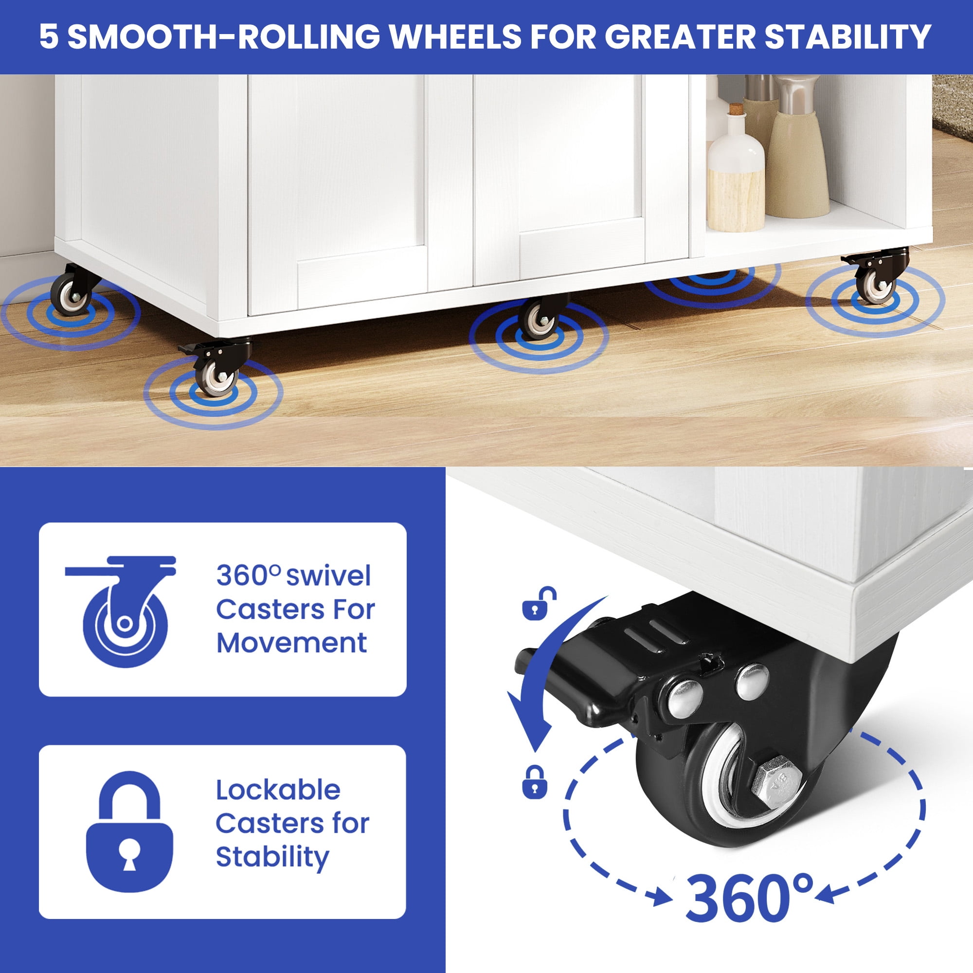 ModFusion 35" Rolling Kitchen Island Cart – 2 Doors, Drawer, Open Shelves, Spice & Wine Racks, Locking Wheels
