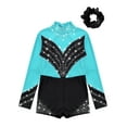 thumbnail image 3 of DPOIS Kids Girls Rhinestone Shiny Long Sleeve Gymnastic Leotard Dance Skating Unitard Biketard with Hair Scrunchie Blue Green&Black 16, 3 of 5