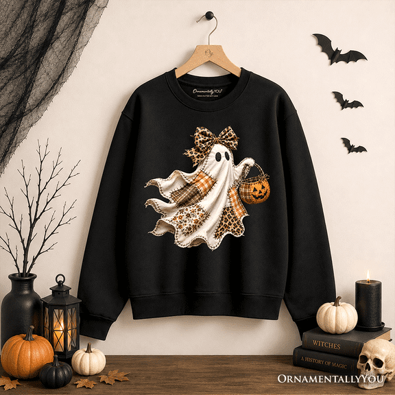 Ghost with Leopard Bow Imitation Patchwork Sweatshirt, Rustic Halloween Pumpkin Trick or Treat Sweater