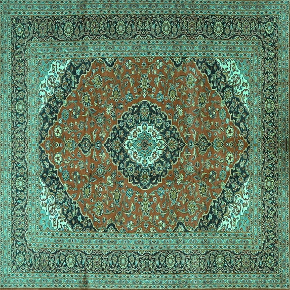 Ahgly Company Machine Washable Indoor Square Medallion Turquoise Blue Traditional Area Rugs, 8' Square