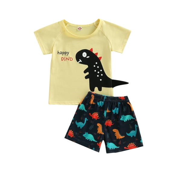Seyurigaoka 2 Pieces Kids Suit Set, Letter Dinosaur Print Round Neck Short Sleeve T-Shirt+ Shorts for Boys, 9 Months-4 Years