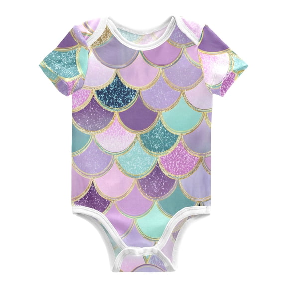 Pink Blue Purple Mermaid Scales Pure Cotton Bodysuit Short Sleeve Pajamas One-Piece Romper Unisex 3 Months