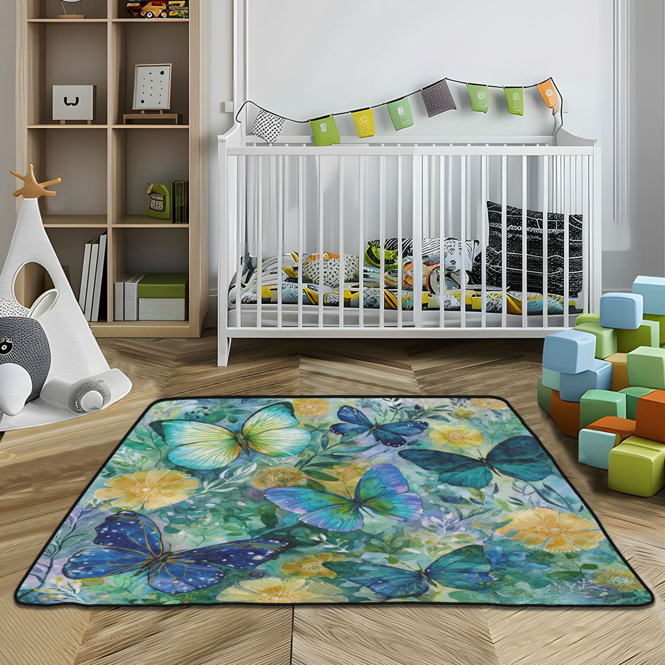 WOBOGO Green Butterfly Baby Playmats Extra Large Waterproof Rollable Activity Pads for Toddlers 50×50inch