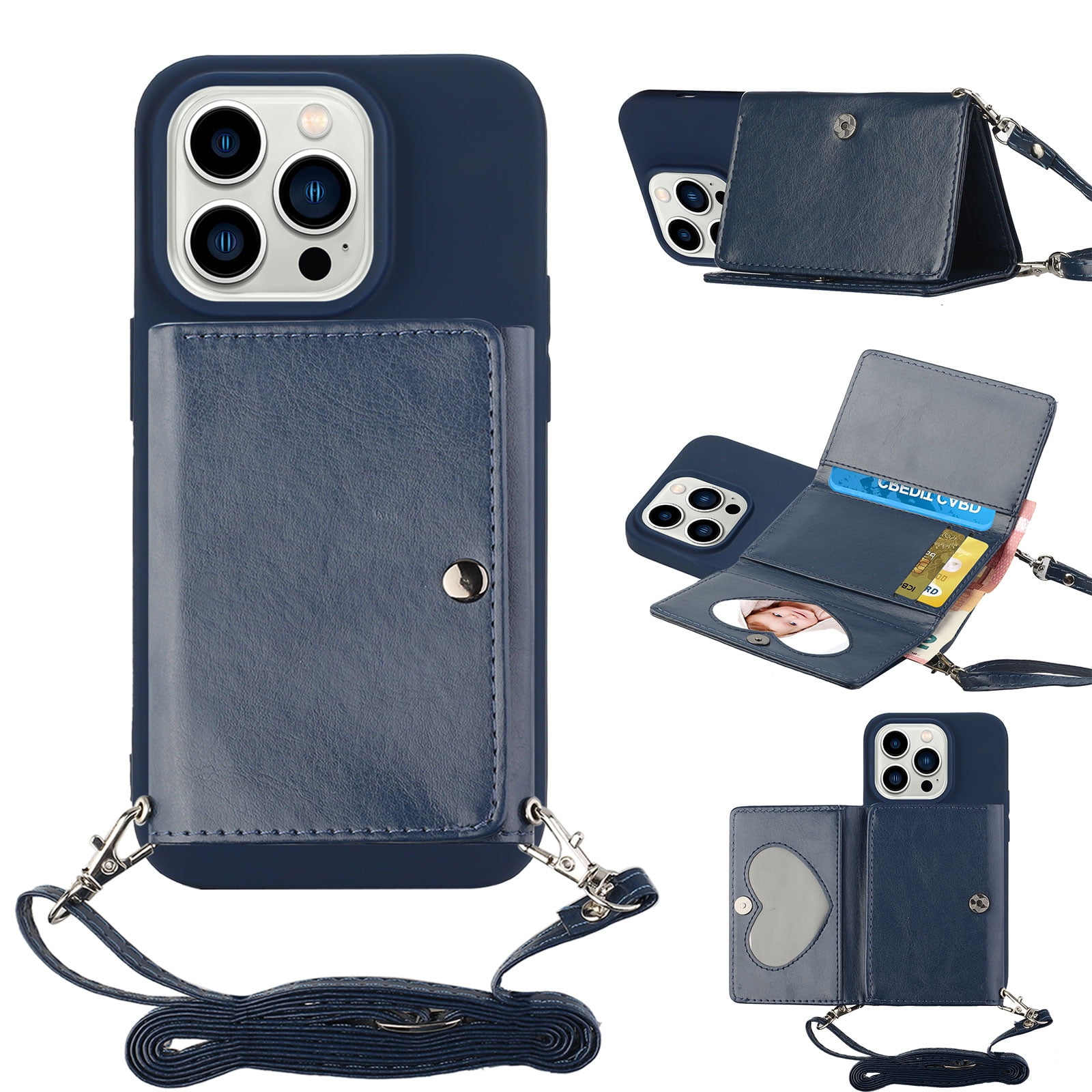 Iphone 13 Pro Max Wallet Case,pu Leather Zipper Handbag,detachable Lanyard  Strap 6.7 Inch,suitable For Female Girls - Denim Blue