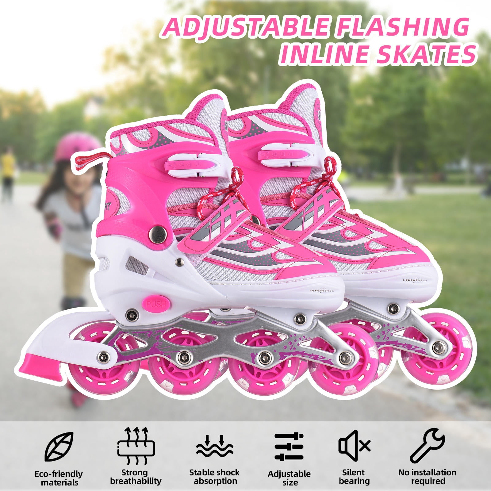 LAZIOEGR Adjustable Kids Inline Skates – Light‑Up, Breathable, Eco‑Friendly, Size 28‑41, Shock‑Absorbing, No‑Installation, Perfect for Toddlers & Beginners