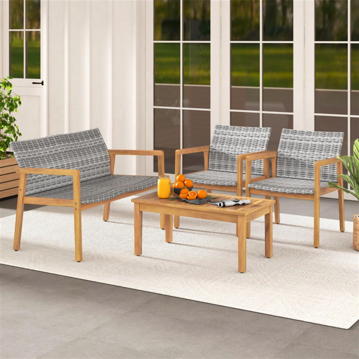 Demi Bonn 4-Piece Patio Furniture Set with Loveseat Single Chairs and Coffee Table, Conversation Armchairs for Garden Poolside Balcony, Gray