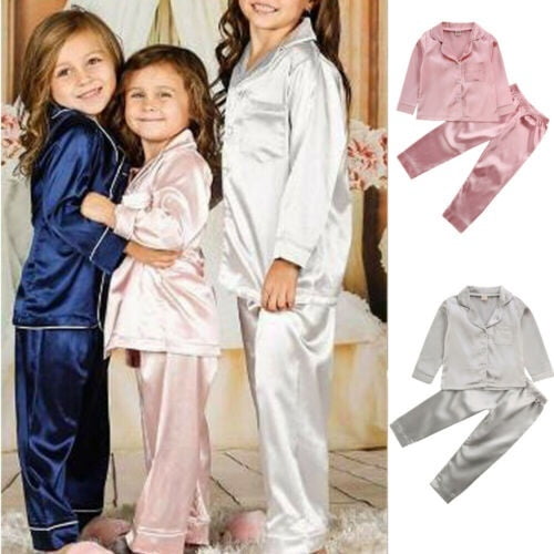 Toddler Baby Kids Satin Pajamas Set Long Sleeve ButtonDown Sleepwear