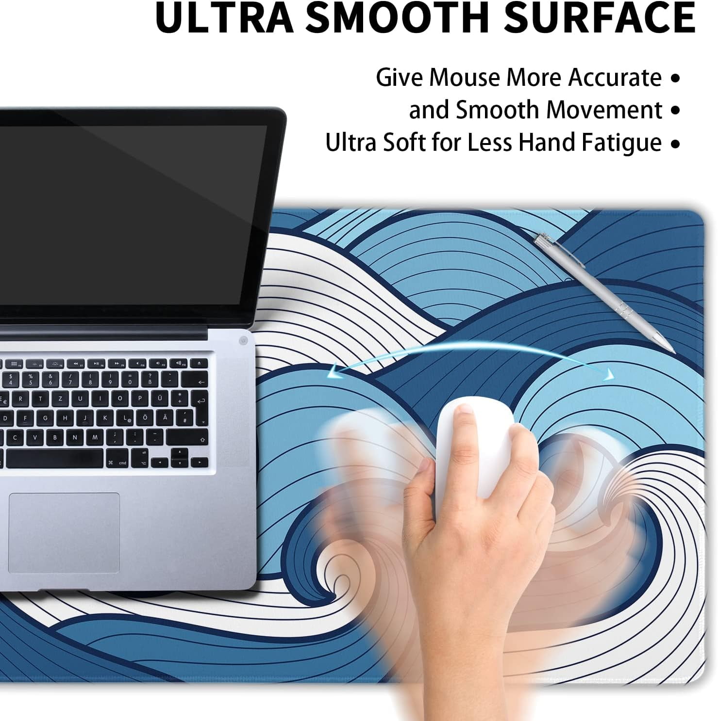 Japanese White and Blue Wave Mouse Pad 35.4 X 15.7 Inch Extended Large Cool Mouse Mat Non-Slip Rubber Base Long Art Mousepad with Stitched Edges Waterproof Desk Pad for Gaming&Home Office,XL