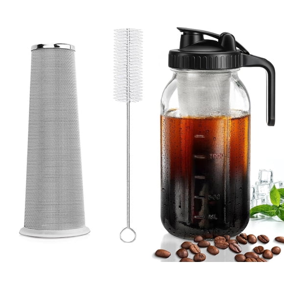Wexlerey 64oz Cafetera Cold Brew Vidrio,Jarra Cold Brew con Tapa,Filtro de Acero Inoxidable con Asa,