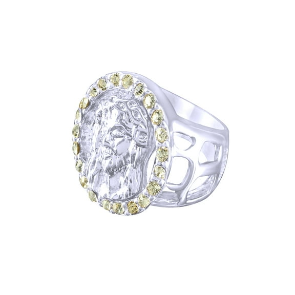 AFFY White Cubic Zirconia Epic Jesus Christ Face Signet Band Ring In 14k White Gold Over Sterling Silver