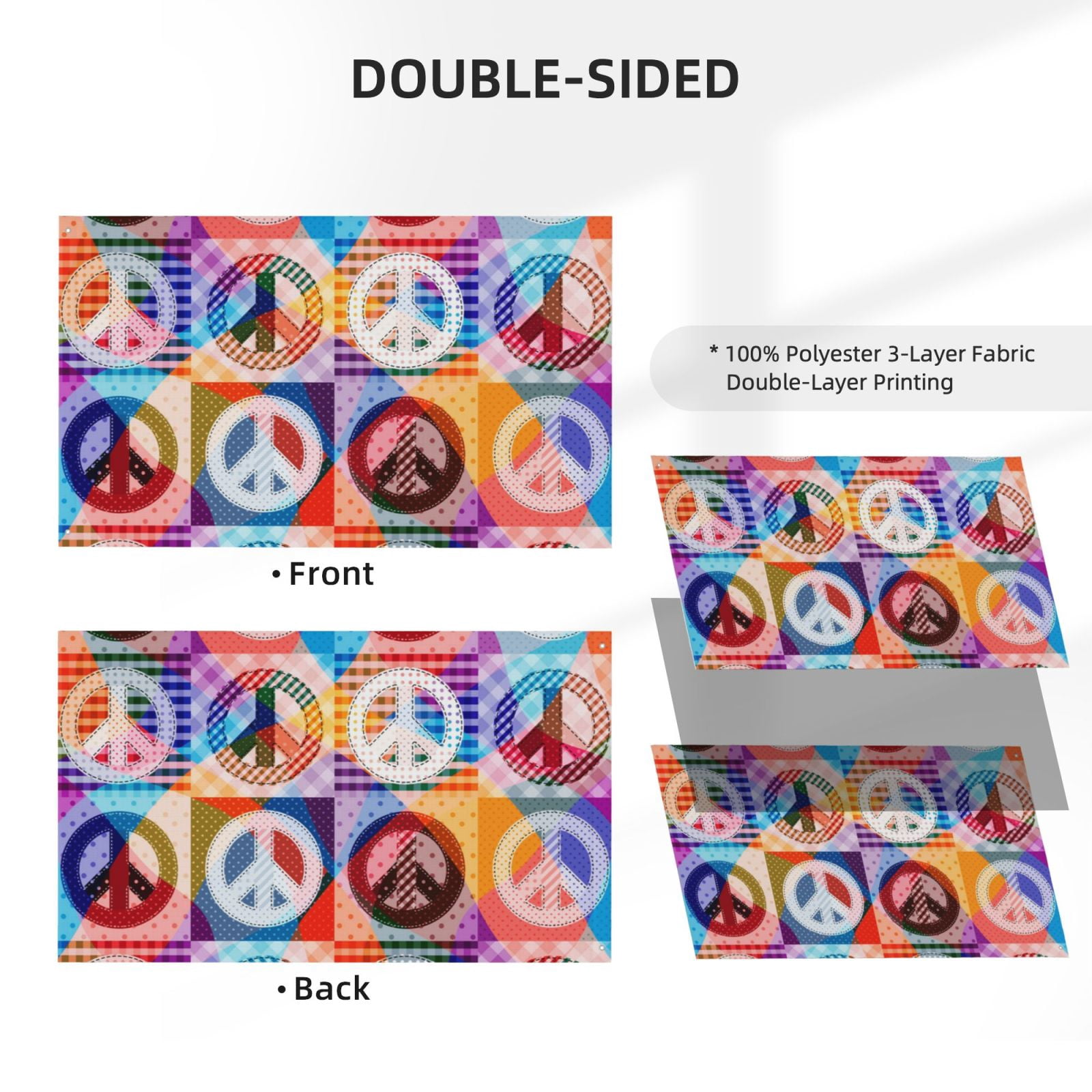 Hippy Peace Sign Hippie Patchwork Double Sided Flag 3x5FT Reversible Garden Flag Outdoor Decor for House, Porch, Lawn, Yard, Indoor Wall, Party Decoration