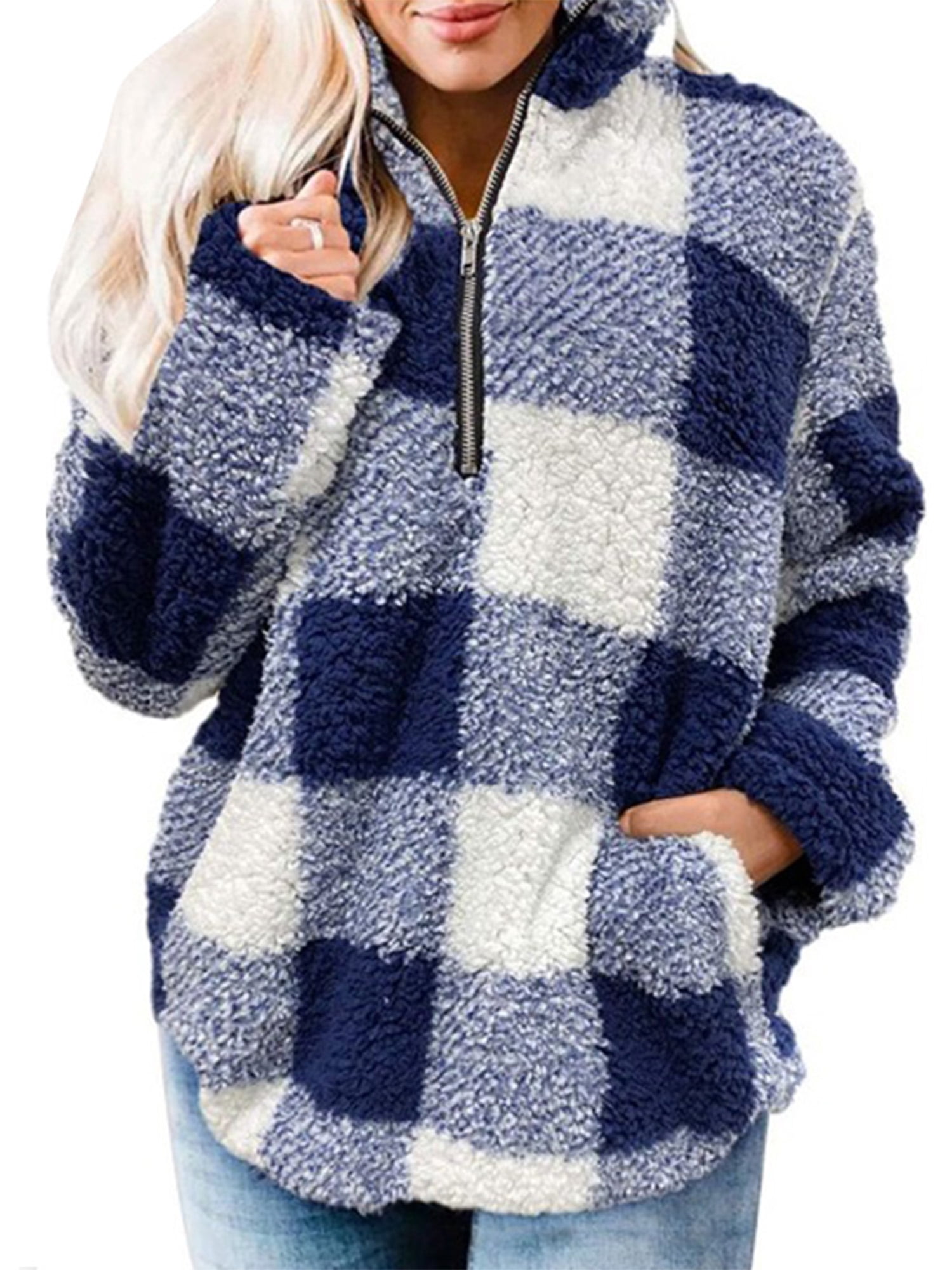 Womens Fleece Sherpa Cardigan Coats Pullover Hoodie Long-Sleeve Pockets Winter Outwear