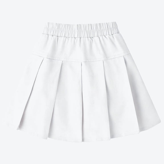 Krdevn Girls Pleated School Uniform Skirt, Elastic Waist Kids A-Line Skort, Casual Solid Color Mini Skirt for Students,White