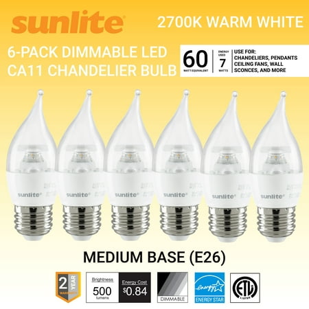 

Sunlite LED CA11 Clear Flame Tip Chandelier Light Bulb 7 Watts (60W Equivalent) Medium E26 Base Dimmable Energy Star 2700K Warm White 6 Pack
