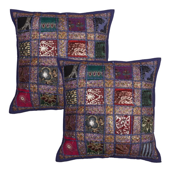 Stylo Culture Ethnic Sofa Throw Pillow Covers 16x16 Sequins Patchwork Dark Blue Indian 40x40 cm Home Decor Cotton Geometric Square Cushion Covers | Set Of 2