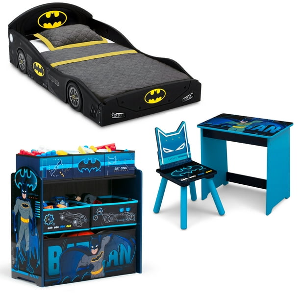 Batman 4-Piece Room-in-a-Box Bedroom Set by Delta Children - Includes Sleep & Play Toddler Bed, 6 Bin Design & Store Toy Organizer and Art Desk with Chair