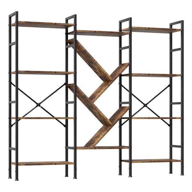 Yeshouse Librería industrial de madera de 4 niveles con 14 estantes, moderna y rústica, estructura de metal resistente, ideal para sala de estar y oficina en casa