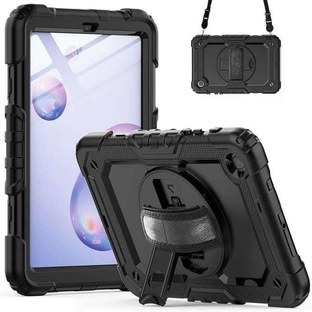 KOMI Compatible with Galaxy Tab A 8.4" (2020), Built in Screen Protector, Shockproof Heavy Duty Protective Rugged Cover with Shoulder Strap, Hand Strap, Pencil Holder Black