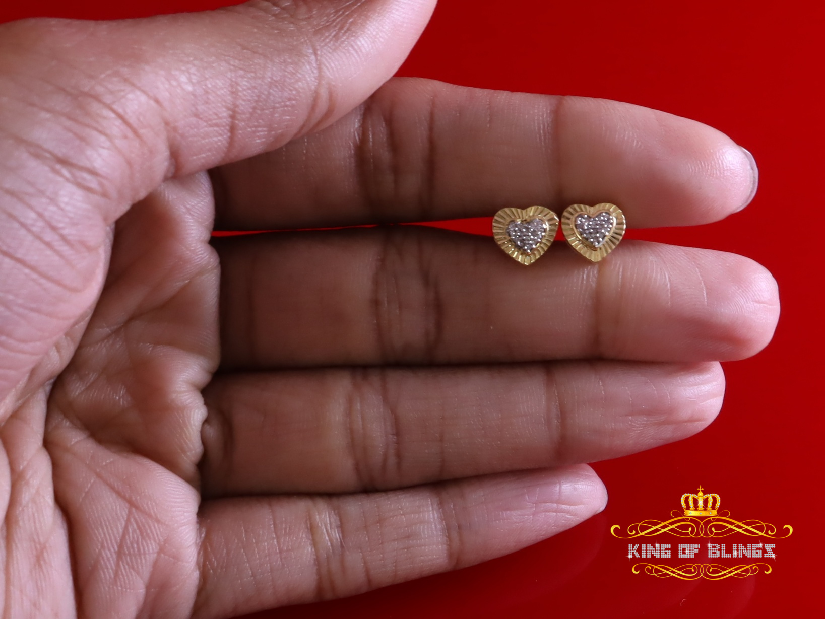 King of Bling's 10K Real Yellow Gold with Real 0.10ct Diamonds Men's /Womens Stud Heart Earrings
