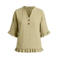 thumbnail image 7 of RMGVDSD Womens Summer Tops 3/4 Sleeve V Neck Button Down Shirts Ruffled Hem Solid Color Casual Basic Shirt Everyday Comfort Tees Versatile Shirt Top, 7 of 7