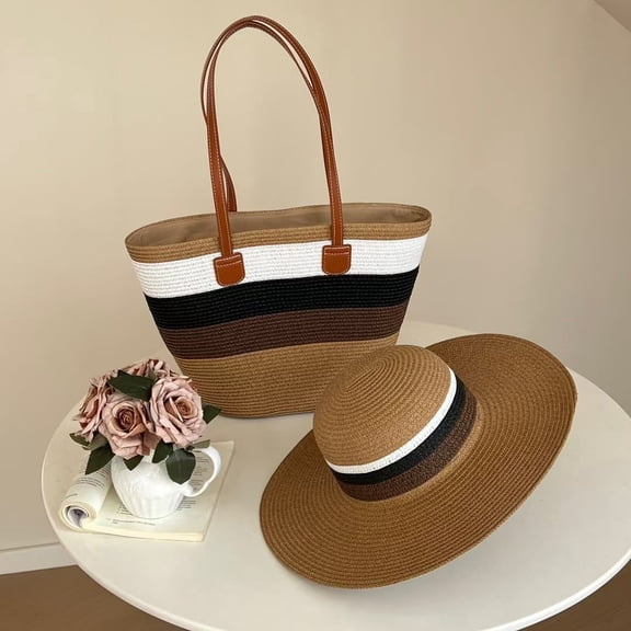 AGOPLEE Womens Straw Tote and Hat Set, Striped Large Capacity Shoulder Bag Summer Beach Sun Hat Bucket Cap and Tote Bag Set for Travel and Shopping