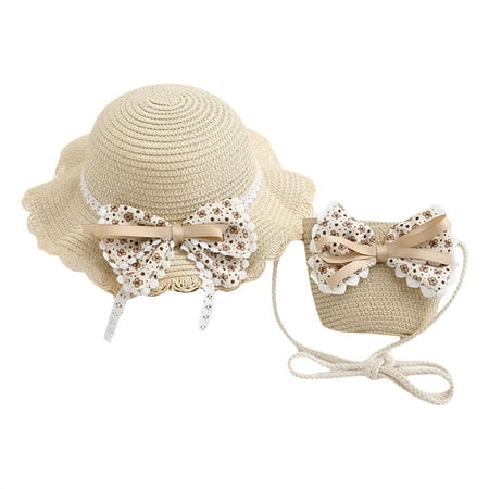 

Mildsown Toddler Kids Girl Bowler Straw Hat Summer Wide Brim Bowknot Beach Sun Caps Shoulder Bag