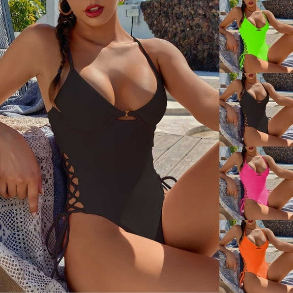 HAPIMO Women's High Cut One Piece Cut Out Swimsuit Sale Solid Elegant Bikini Summer Beach Sleeveless V Neck Holiday Hawaiian Tropical Hollow Out Drawstring Backless Black L