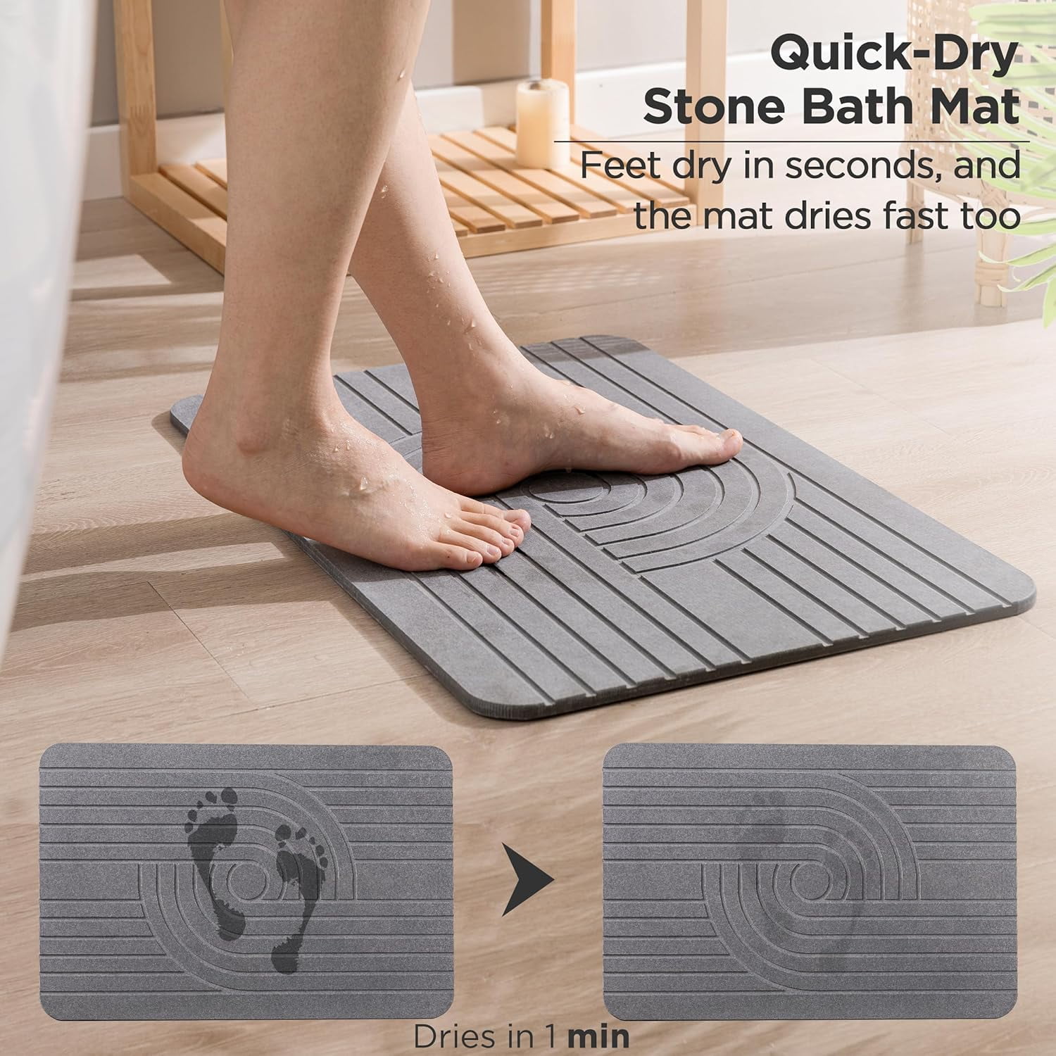 Kooteta Stone Bath Mat, natural diatomaceous earth bath mat, anti slip  super absorbent quick drying bathroom floor mat, stone shower mat, 23.6  x15.3 inches, Suitable for Bathroom, Shower Floor, and Kitchen Counter,wavy