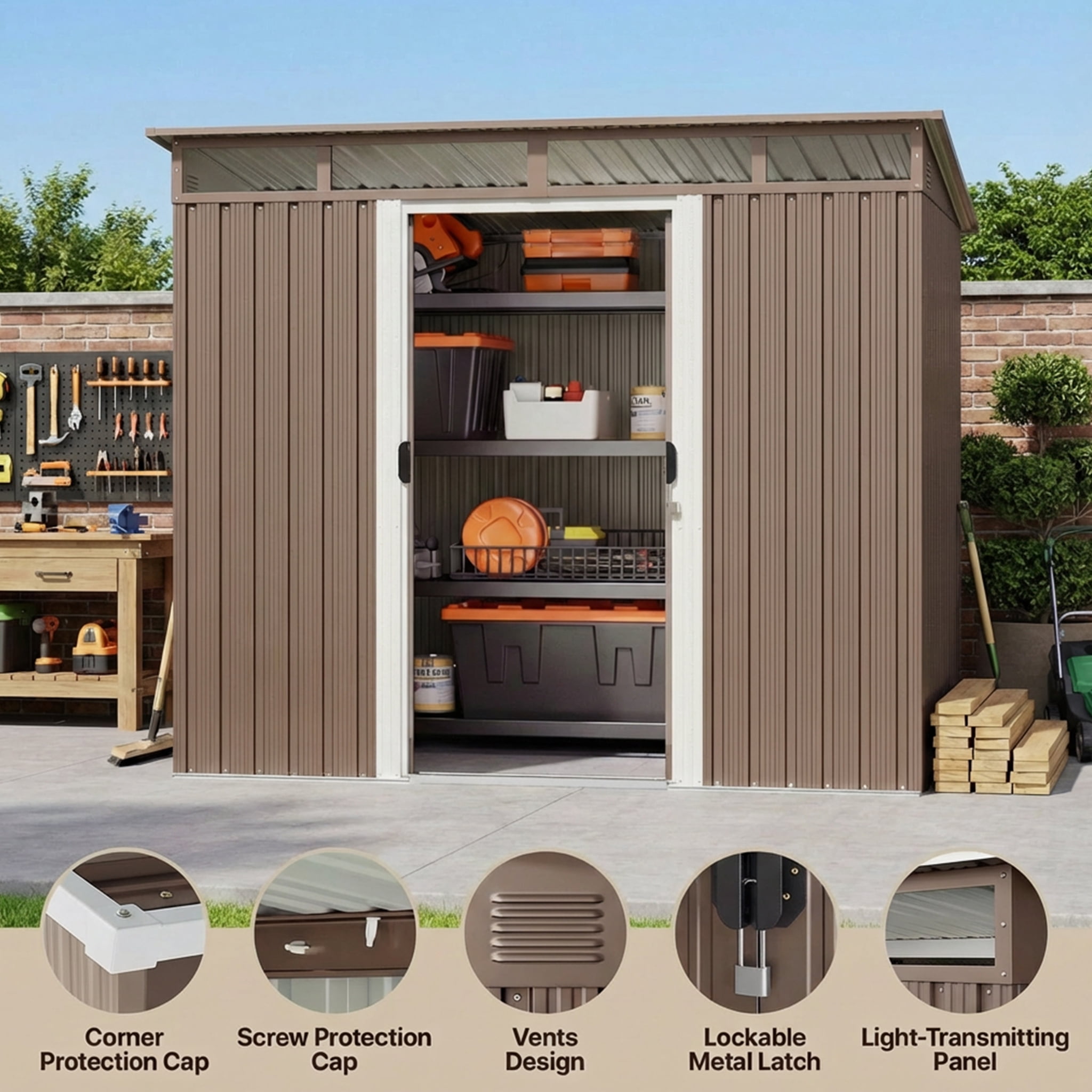 8x6 ft Outdoor Storage Shed with Double Lockable Doors - Weather-Resistant Garden Shed in Natural