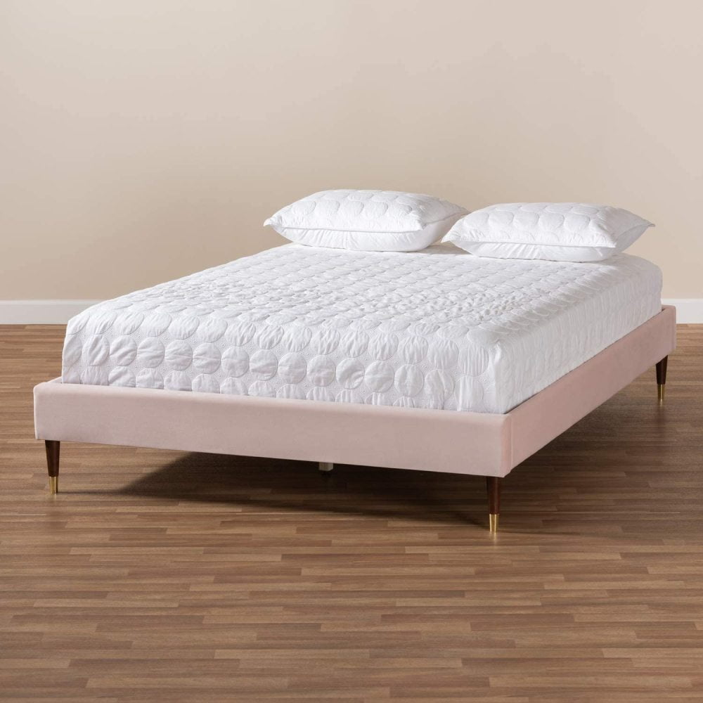 Baxton Studio Volden Pink Velvet Queen Size Wood Platform Bed Frame 