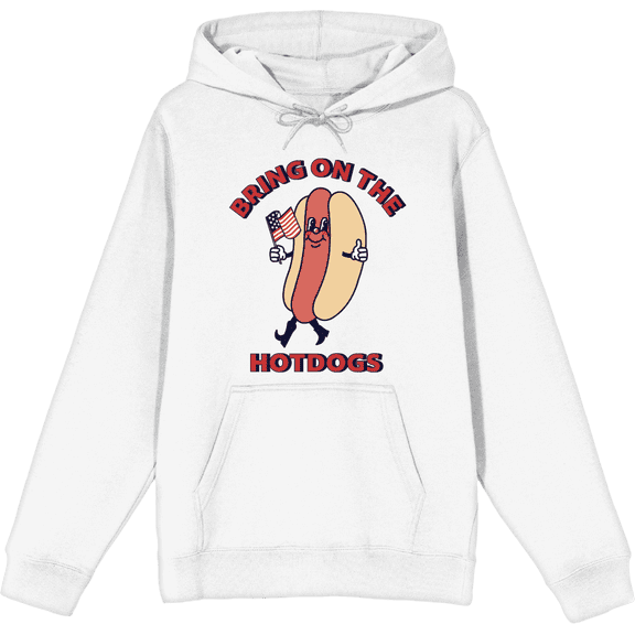 Americana Bring On The Hotdogs Long Sleeve Adult Hooded Sweatshirt-Medium-White