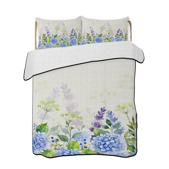 Quilt King Size Bedding Set, Blue Hydrangea Flower Reversible Summer Quilt 3 Pieces, Farmhouse Country Floral Leaf Beige Lightweight Bedspreads Coverlets with 2 Pillow Shams for All Seasons