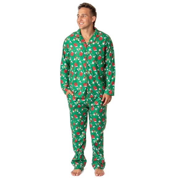 Peanuts Mens' Christmas Snoopy Charlie Brown Button Sleep Pajama Set