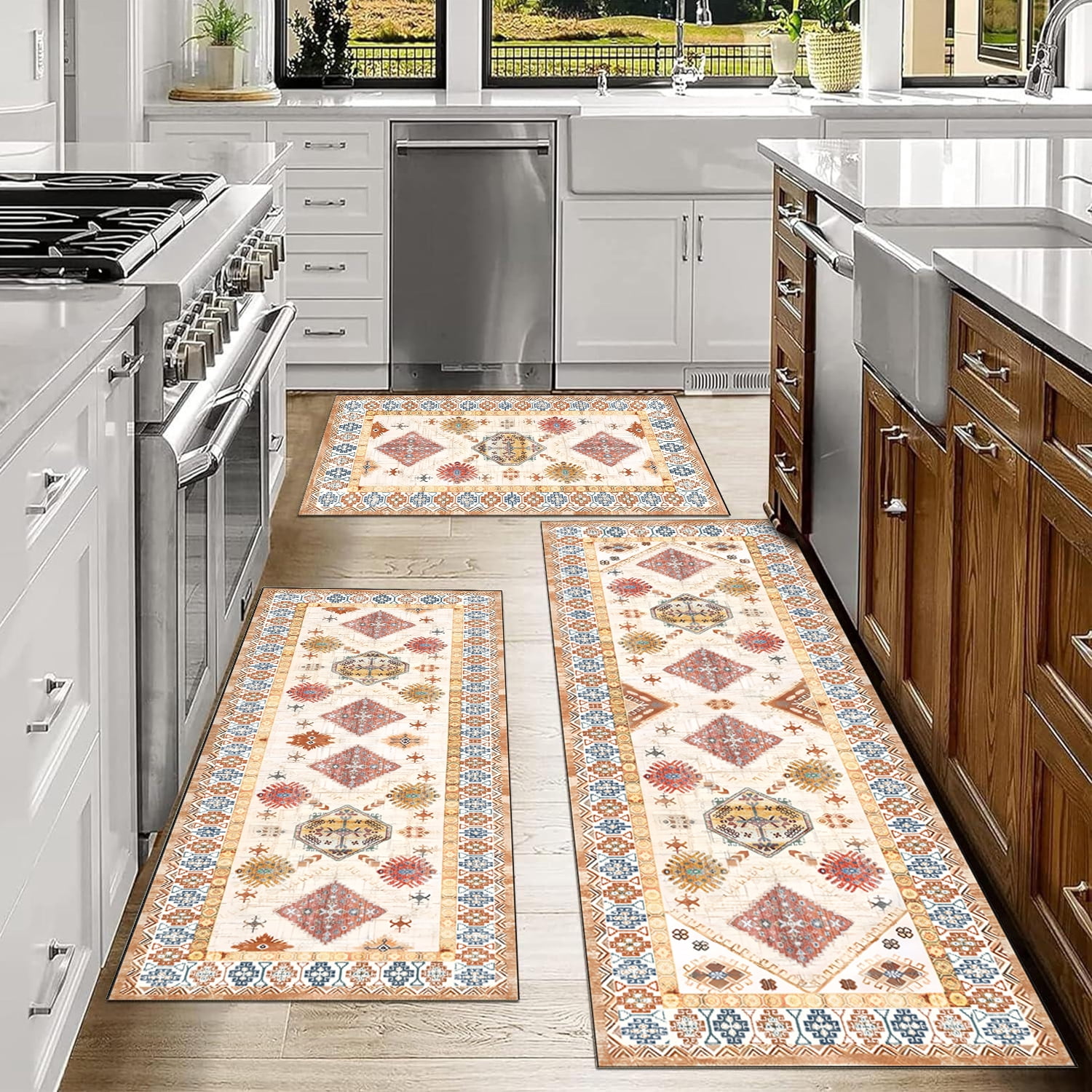 3 Piece Kitchen Rugs Set with Runner, Non-Slip TPR Cotton Backing Washable Kitchen Floor Mats, for Kitchen Laundry Hallway Bathroom