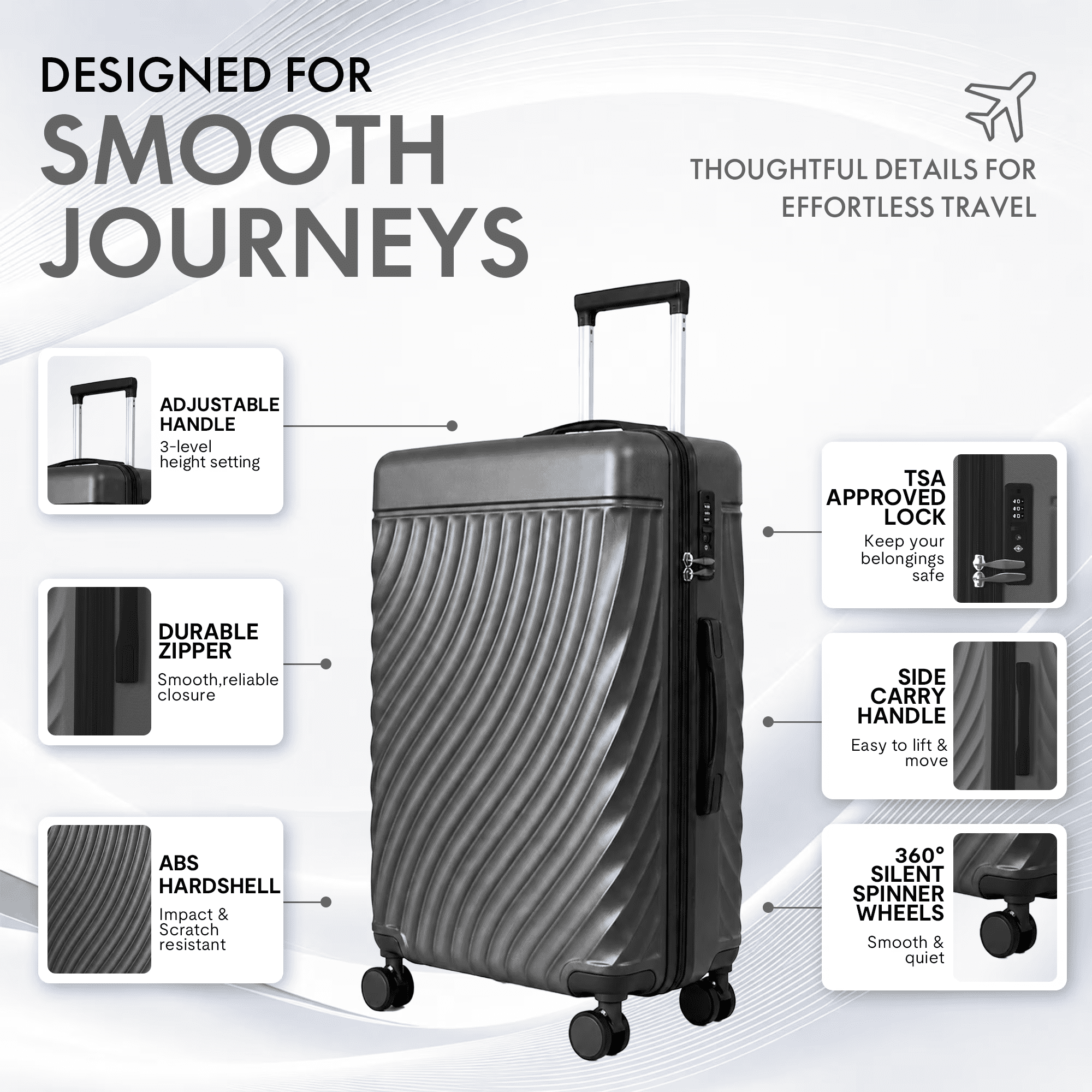 avobird 3-Piece ABS Hardshell Luggage Set – Lightweight and scratch-resistant, featuring silent 360° spinner wheels and TSA-approved locks, 20"/24"/28", Ash Grey