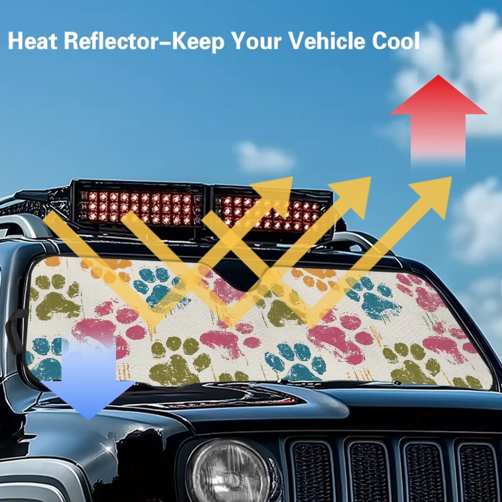 Uorisanigo Windshield Sun Shade Foldable Colorful Dog Paw Sun Shade Visor for Jeep Wrangler JL JLU 2018-2024 & JT - Heat Shield Reflector Cover - Blocks UV Rays & Keeps Your Vehicle Cool