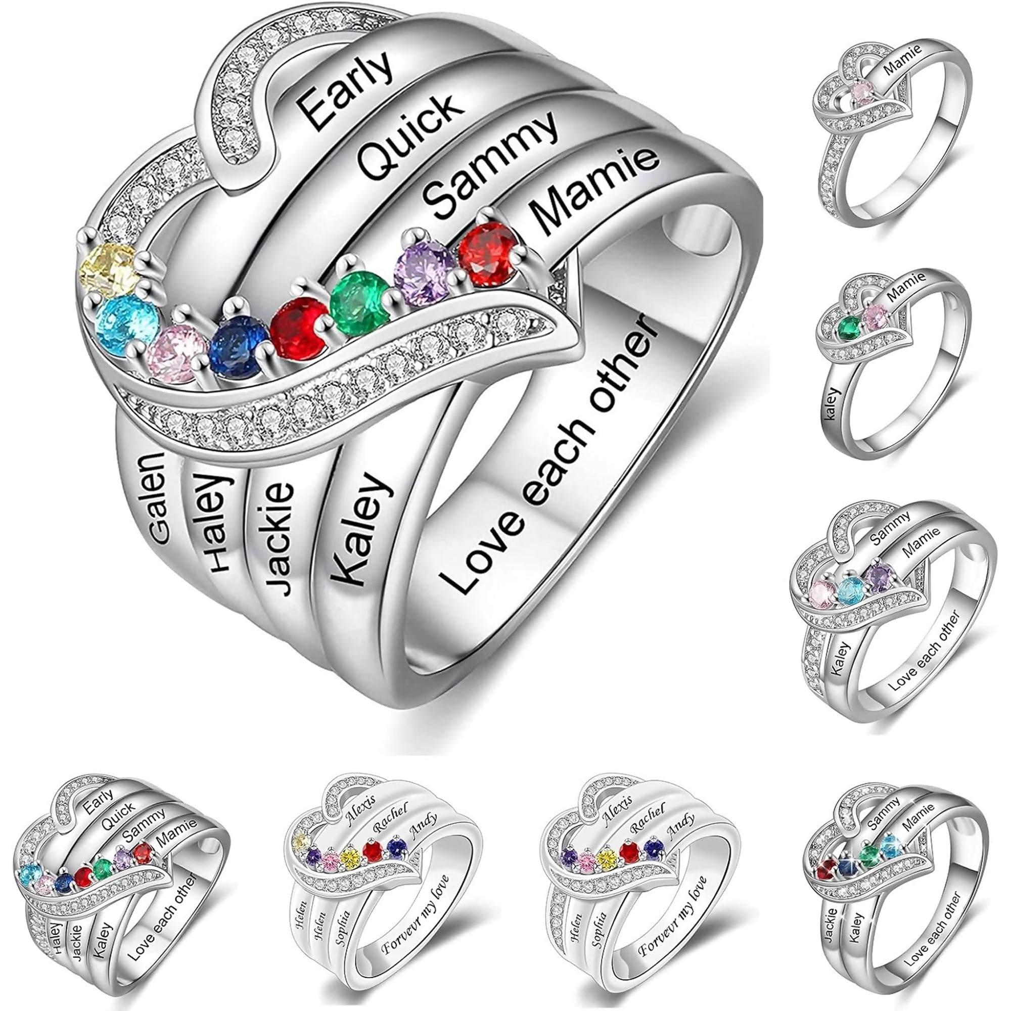 Zephyriana Personalized 1-8 Name Birthstone Rings, Custom Name Ring Wedding Family Mother Days Birthday Jewelry Gifts for Women Grandma Mom