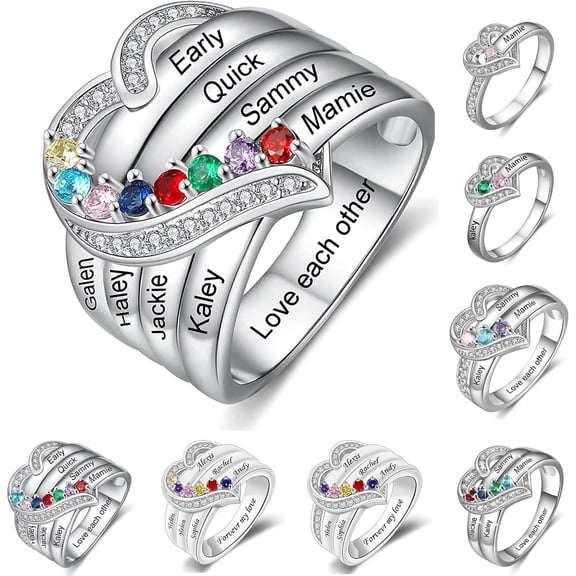 Zephyriana Personalized 1-8 Name Birthstone Rings, Custom Name Ring Wedding Family Mother Days Birthday Jewelry Gifts for Women Grandma Mom