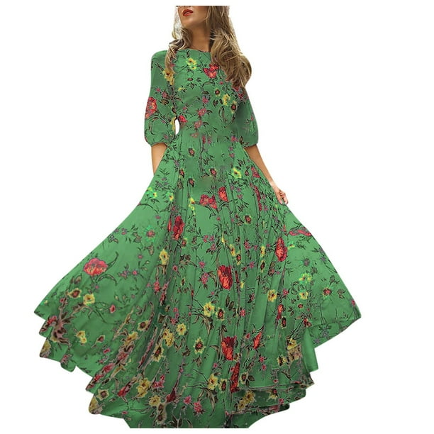 WILLBEST Vestidos Casuales para Mujer Cortos Vestido Maxi Floral de Gasa para Mujer Verano Primavera Otoño Vestido Largo con Falda Acampanada Traje Casual Ajustado Chica