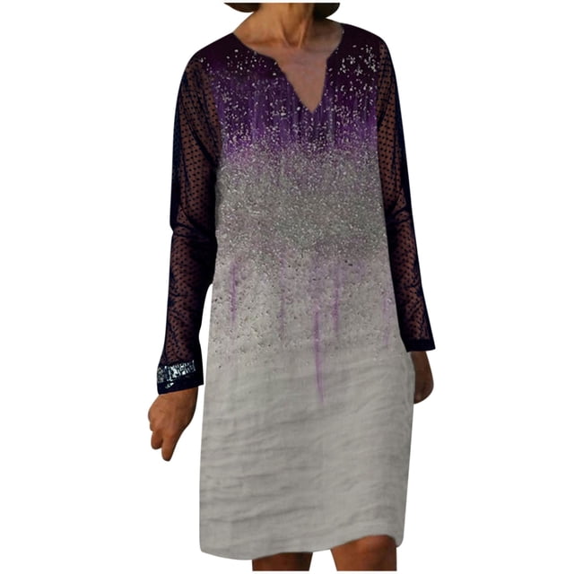 EQWLJWE Robe pour Femmes à Paillettes Décontractée Manches Longues en Maille Gaze Imprimée Col en V Ample Mi-Longue Mini Robe