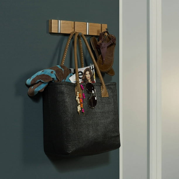 Coat Hideaway Modern Wall Mounted 4Hook Square Coat Rack, Beech