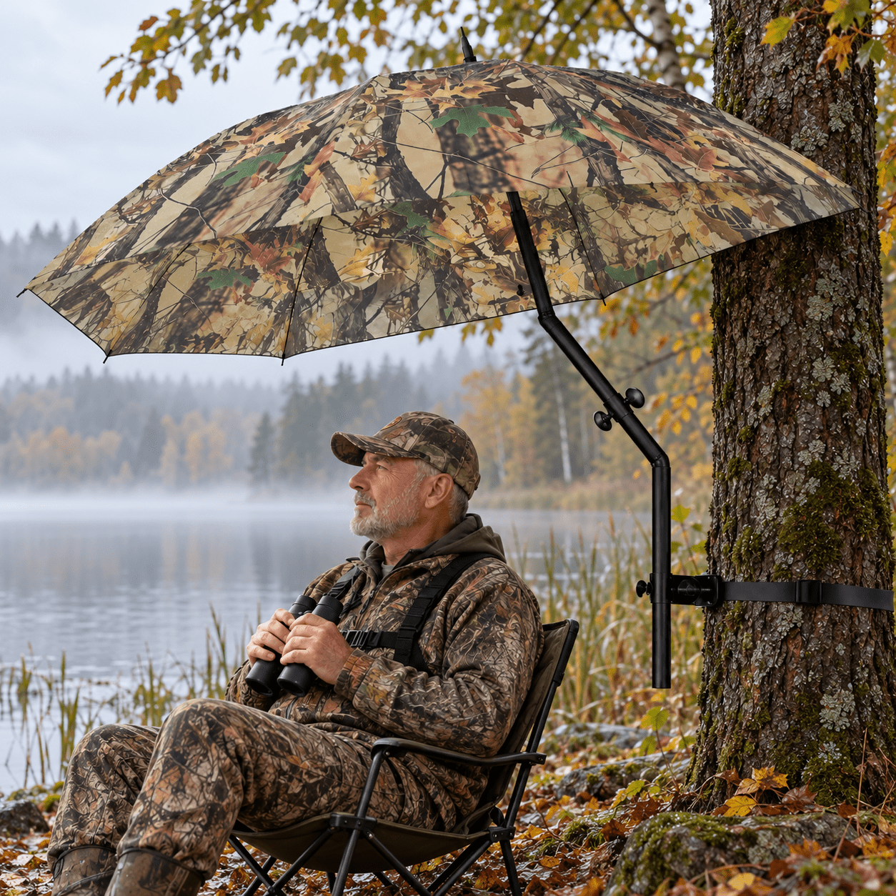 58 Inch Camo Tree Stand Umbrella Hunting Umbrella with Heavy Duty Metal Rod Adjustable Tree Strap and Portable Storage Bag Rain Sun Shelter for Deer Hunting and Outdoor Tree Stand