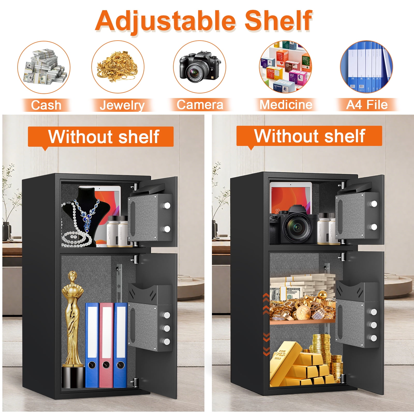 6.0 Cu ft Large Safe Box Fireproof Waterproof,with LED Light fire proof safe for home documents,Fingerprint password personal Safe with Deposit Slot & Dual Alarm System,Security Box for Valuables
