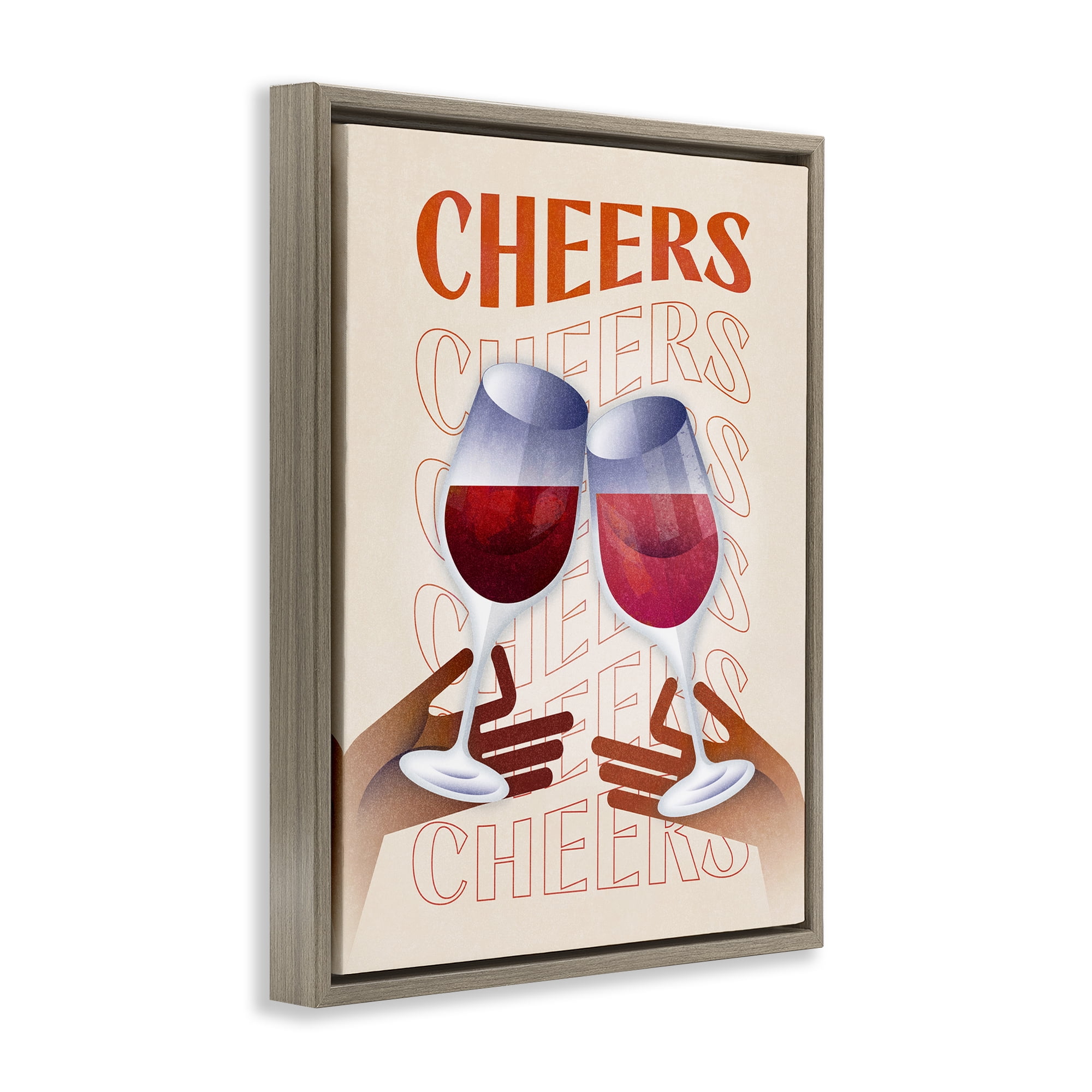 Stupell Industries Cheers Wine Glasses Food & Beverage Painting Brown Floater Framed Canvas Art Print Wall Art, 25 x 31