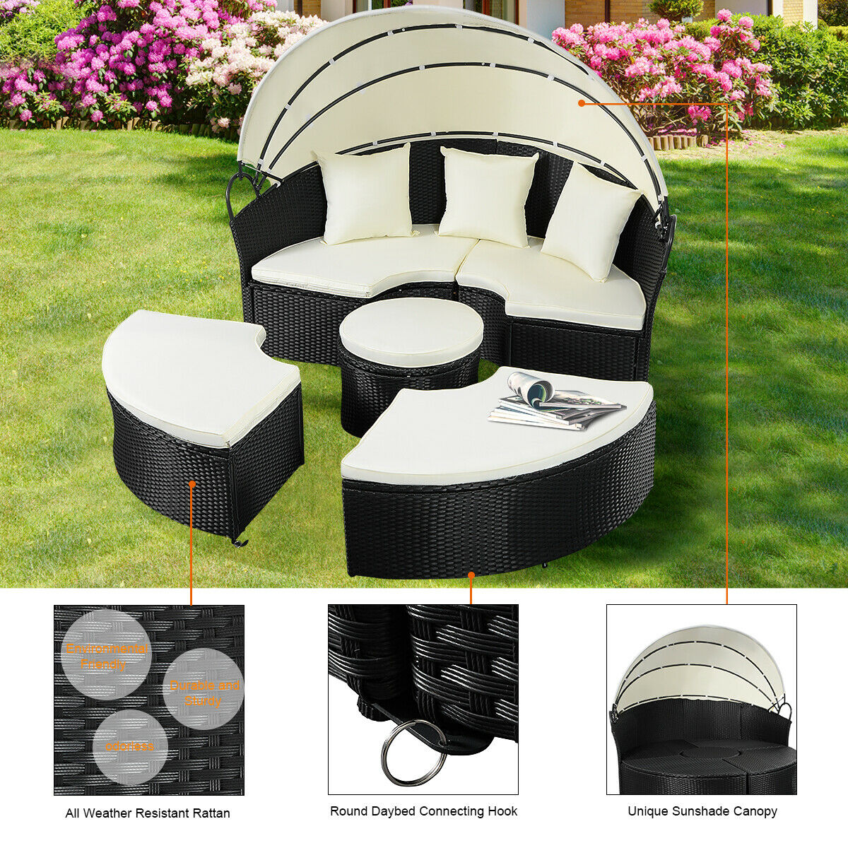 Costway Daybed Patio Sofa Furniture Round Retractable Canopy Wicker Rattan Outdoor - image 2 of 10